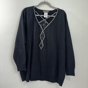 Bob Mackie Wearable Art Black L/S Knit Sweater 2X Pullover Bead Trim QVC EUC